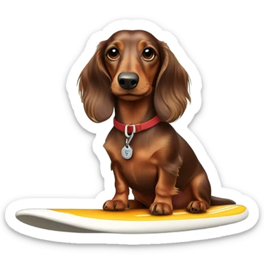 Long haired miniature dachshund brown red on surfboard sticker