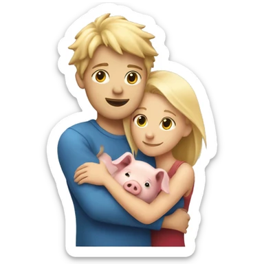 blonde hair girl holding pig and blonde hair boy hugging lion sticker