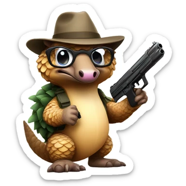 One pangolin wearing a hat and glasses holding a gun  sticker