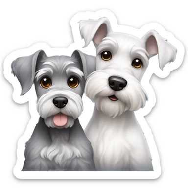 A big gray schnauzer with dark eyes next to a small all white puppy schnauzer sticker
