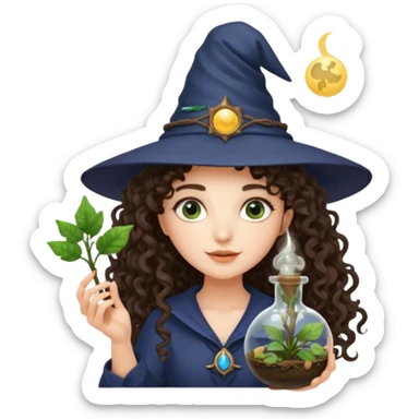 A long curly haired brunette girl with a moon witch hat, and a plant wand or plant potion terrarium sticker