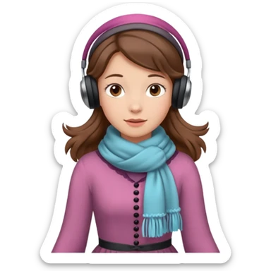 Victorian ice skater in a long dress. She is wearimg a scarf and earmuffs. She has boriwn hair. sticker