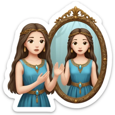 Woman facing ancient mirror, reflection slightly delayed and darker sticker