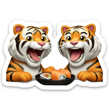 two happy tigers eating sushi sticker