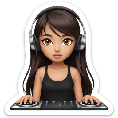 generate a pretty bratz girl in black cami top, dark brown straight long hair with bangs, eyeliner on, djing sticker