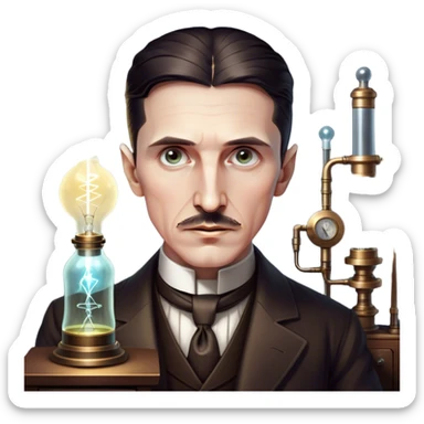 Nikola Tesla – Cinematic Realistic Portrait of Nikola Tesla, depicted as a visionary inventor with intense, thoughtful eyes and period attire, surrounded by subtle arcs of electric light and early laboratory apparatus, rendered with dramatic lighting that evokes mystery and innovation. sticker