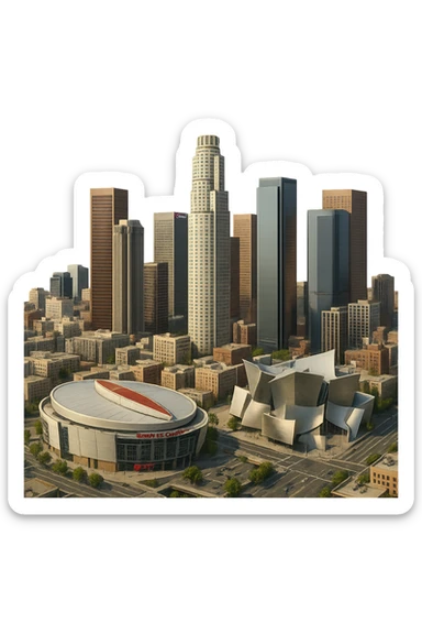 cinematic realistic emoji of Los Angeles, wide city view focusing on downtown LA with the US Bank Tower, Walt Disney Concert Hall, Staples Center (Crypto.com Arena), and surrounding skyscrapers, lifelike architectural detail, accurate colors, bright daytime lighting, fully transparent background, no sky, no clouds, no city name label sticker