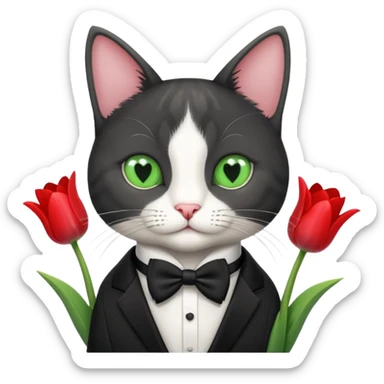 Make a tuxedo cat that’s grey with greenish eyes and has a heart that has three A in it and tulips around the cat sticker