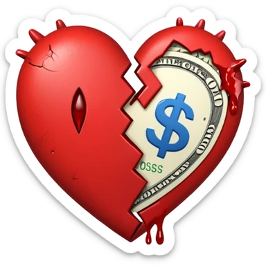 red broken heart glued together by dollars sticker