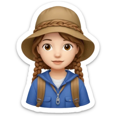 a young student girl with the backpack with bucket hat, brown wavy braided hair sticker