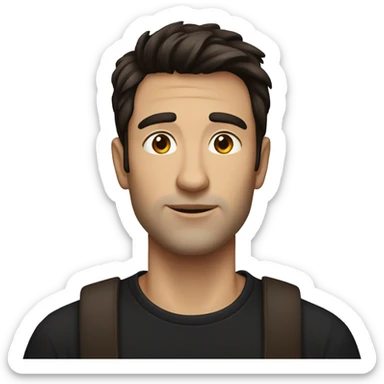 a man with medium size dark brown hair, iphone in hands, black oversized t shirt  sticker