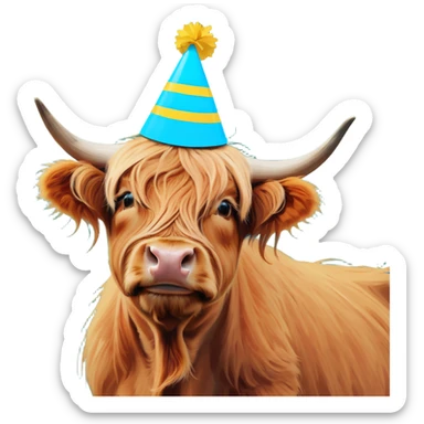 Highland cow wearing birthday hat sticker