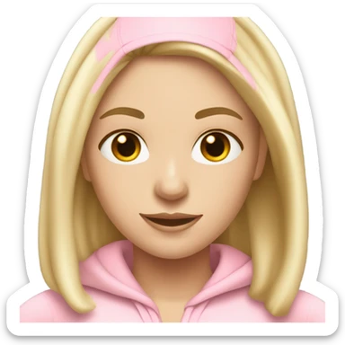 A blonde white girl in a light pink tracksuit with a fitness mat sticker