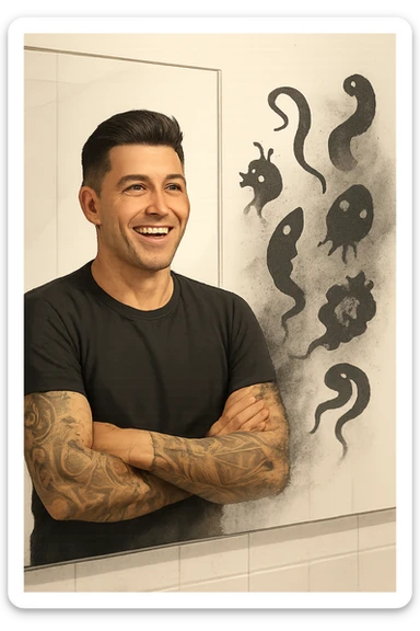 a man stands in a brightly lit bathroom, looking relieved and revitalized as he examines his reflection in the mirror. In the foreground, stylized, shadowy images of parasites (such as worms or protozoa) are shown leaving his body, dissolving into mist or fading away. His posture is upright and his expression is one of newfound energy and health. sticker