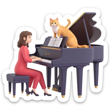 woman playing piano while her cat sits on top of the piano sticker