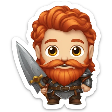 text for a sticker picture generator with a red-haired dwarf in his hands who has a bow with a braided mustache, dressed in leather armor, with a red beard, with red hair, in a fantasy style sticker