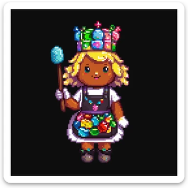 A playful baker in a pastel-pink candy lab. Walls of bubblegum bricks, frosting-covered counters, and a cupcake-shaped oven. The baker wears a gummy bear-studded apron, marshmallow gloves, and a rock candy crown. UI elements look like melting lollipops, candy cane sliders, and syrupy transitions. sticker