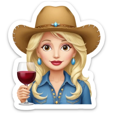 Dolly Parton with a huge glass of wine on a bachelorette trip and a cowboy hat and huge lips sticker