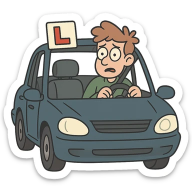learner driver in a car with L-plate on windshield, cartoon style sticker
