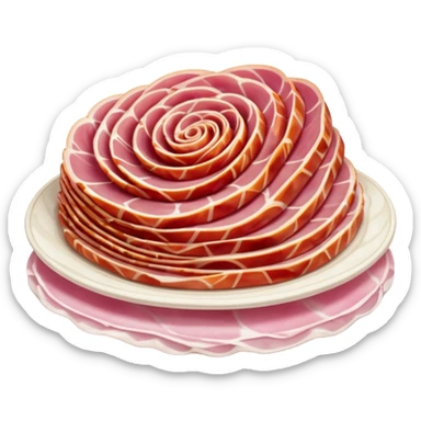 dry-cured ham thin folded slices deep pink to red white fat streaks silky translucent marbled folds curls creamy integrated fat no bread fruit plate faces clean 3D soft shadows transparent background emoji scale sticker