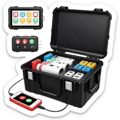 An open, black outdoor test case.Interior: control panel with colored test jacks, USB ports, and a power outlet. A red test probe is located next to it. On the left side of the case is a large roll of white, round test labels displaying QR codes.  sticker