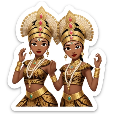 ​Cinematic Realistic Traditional Javanese Dancers, depicted as two graceful dancers in ornate traditional costumes with intricate batik patterns and elaborate headpieces, captured in dynamic poses during a ritual dance in an ancient temple courtyard, rendered with soft golden lighting and rich cultural textures, sticker