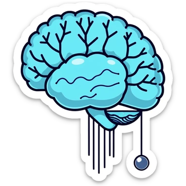 Cute sticker of a pearl and light blue capsule floating around a transparent brain with sparkling neural connections, surrounded by a gentle focus enhancing fog sticker