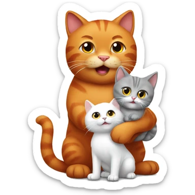 A big red cat playing with a small white-gray cat sticker