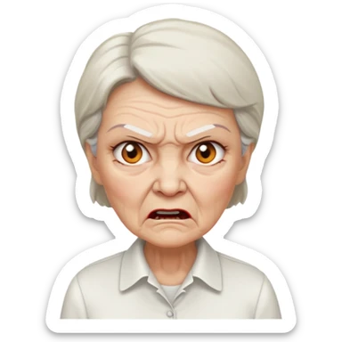 a portrait of angry elderly woman, wearing shirt sticker