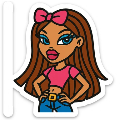 Bratz doll character with brown hair and a pink bow on her hair sticker