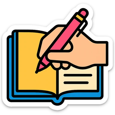 a hand writing with a pink pen in a notebook, color outline icon style sticker