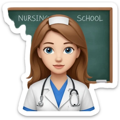 university classroom that says nursing school on the blackboard with a pretty female nursing student with long brown hair, blue eyes sticker