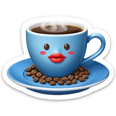 A steaming cup of coffee is visible. The blue cup has a kissing lips print and sits on a blue saucer filled with coffee beans. sticker