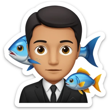 A man wearing nice black suite, and he has a fish head sticker