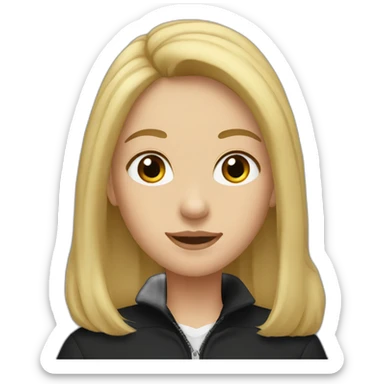 A girl with brown eyes and blond long hair in a black golf and a black jacket sticker