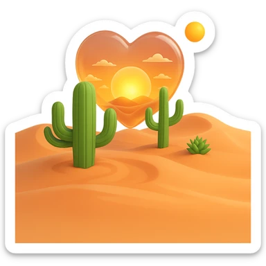 Add a sunset sky with orange and pink tones inside the heart, above the desert, maintaining the glassy transparent effect and no background. sticker