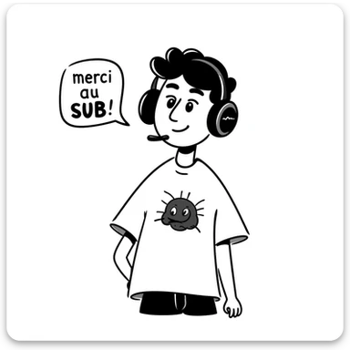 A smiling person with black hair, brown eyes, and a black beard wearing a gaming headset saying "merci au SUB" sticker