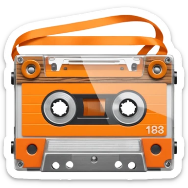3D render of Cassette Tape, vintage 1980s audio equipment aesthetic, tactile analog buttons, transparent clear plastic with orange ribbon reels inside, mixed wood grain and brushed aluminum textures, Apple emoji style, isolated on white background --v 6.0 sticker