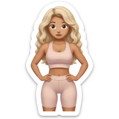 Create dream body girl with big glute and small waist and wavy curl long hair with pastel beige gym clothes  sticker