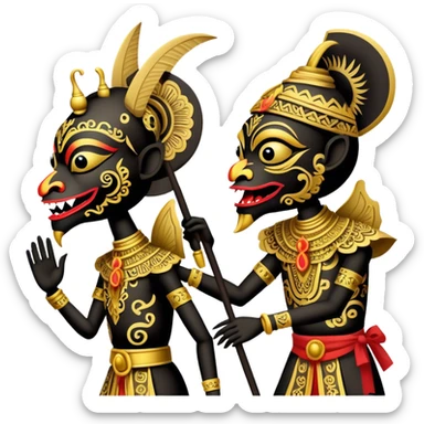 Wayang – Cinematic Realistic Wayang, depicted as intricately carved traditional Indonesian shadow puppets with expressive features and vibrant cultural motifs, set against a dark, dramatic backdrop with subtle glowing highlights that evoke the mystical art of shadow play. sticker