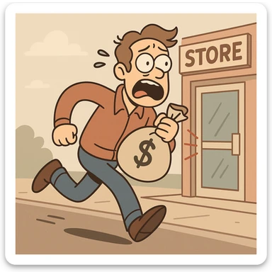 a man without a mask running from a store with a bag of cash, alarmed expression, cartoon style sticker