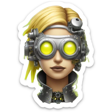 Caucasian female cyborg head with Neon yellow bobbed hair, silver steampunk goggles and circuits sticker