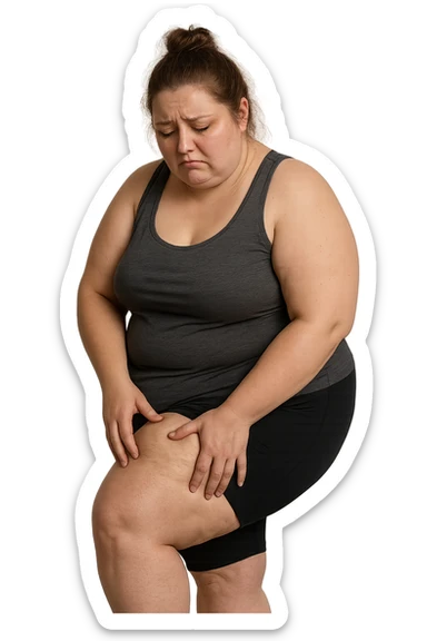 donna grassa che si tocca la coscia con espressione triste, IPERREALISTICA 4K sticker
