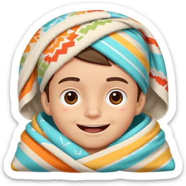 a boy The person is smiling slightly with their mouth partially open, and their face fills most of the frame. A towel or blanket with colorful patterns is draped over part of their head, suggesting they might be lying down or relaxing sticker