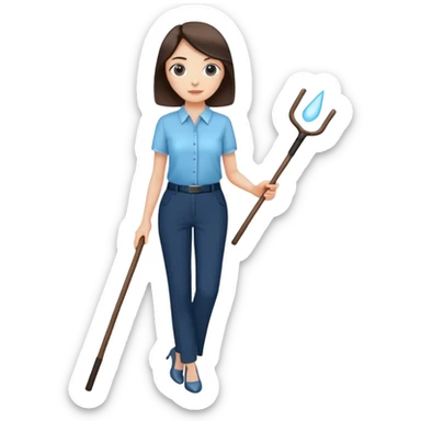 female smart light blue blouse, dark trousers, shoes. one hand holding a stick sticker