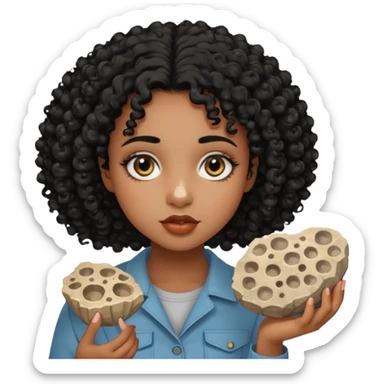 Fille de couleur de peau noir Avec des cheveux bouclés, des yeux de deux couleurs différentes, un petit nez, des lèvres pulpeuses un peu de blush sur les pommettes Highlighter sur le nez fossiles sticker