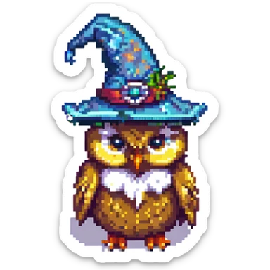 pixel art owl with a wizard hat sticker