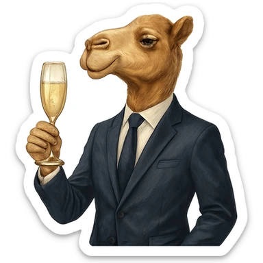 a camel wearing a business suit, drinking champagne, sophisticated and fun, elegant and playful sticker