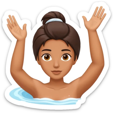 Celebrity in jacuzzi, one arm extended upward, other hand holding onto the side sticker