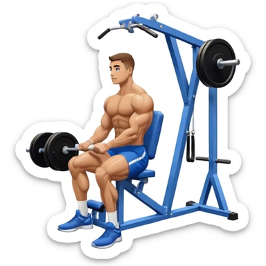 side-view bodybuilder in blue shorts seated weighted calf-raise machine on his tip toes sticker